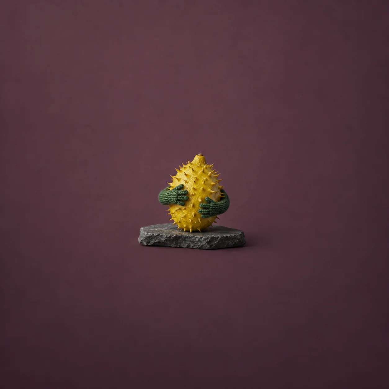 Green knitted arms wrap around a spiky yellow fruit on a dark stone slab against plum.