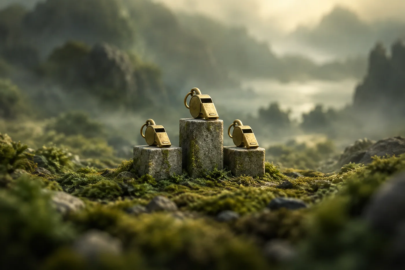 Three brass whistles stand on small mossy stone plinths in a misty green landscape.