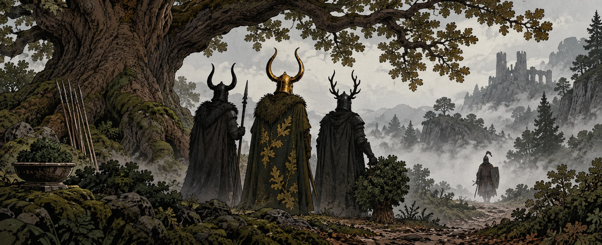 Three tall knights in horned helmets loom out of a misty forest clearing under a great oak as a lone figure approaches.