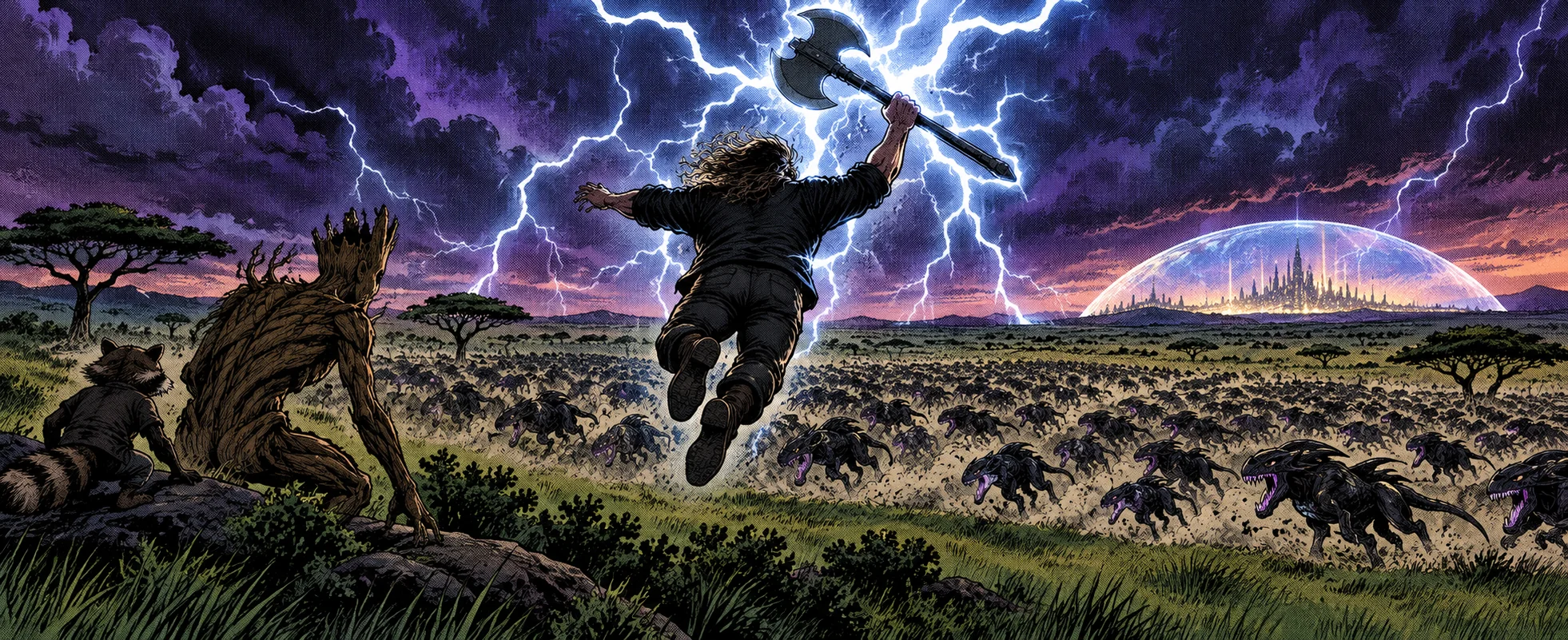 Comic panel: a long-haired warrior with a great axe leaps down in a storm of lightning onto a battlefield as a raccoon and a tree-being watch.