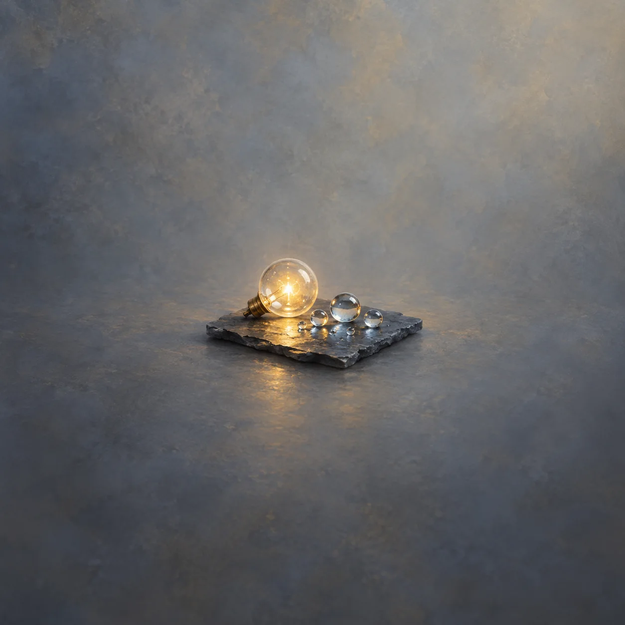 A glowing glass light bulb lies beside clear water droplets on a square slate tile.
