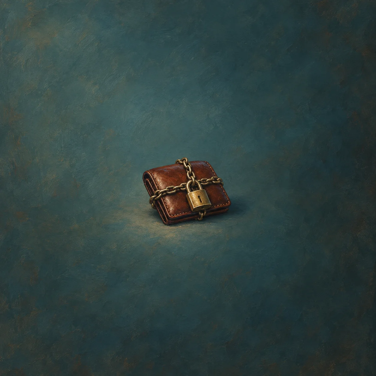Painterly closed leather wallet secured by a metal chain and padlock