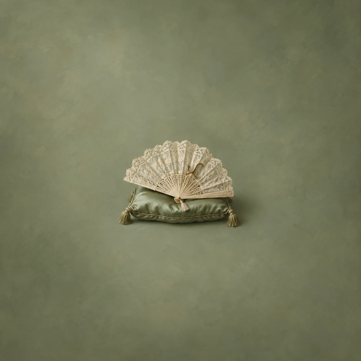 An ivory lace fan with a small brass fishhook tucked in its folds on a sage green satin cushion.