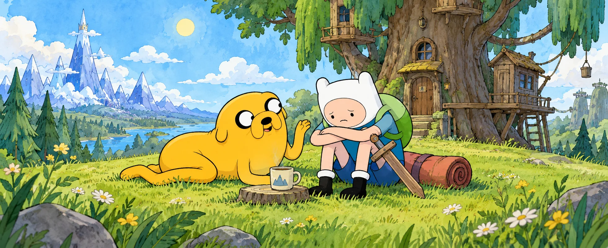 A stretchy yellow dog lounges on the grass comforting a slumped boy in a white hat who holds a wooden sword, a treehouse behind them.