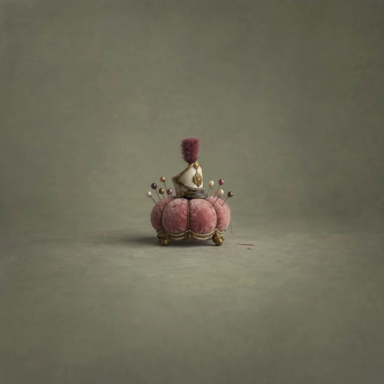 A round pink pincushion supports a small plumed helmet, with pins around its edge and a trailing thread.
