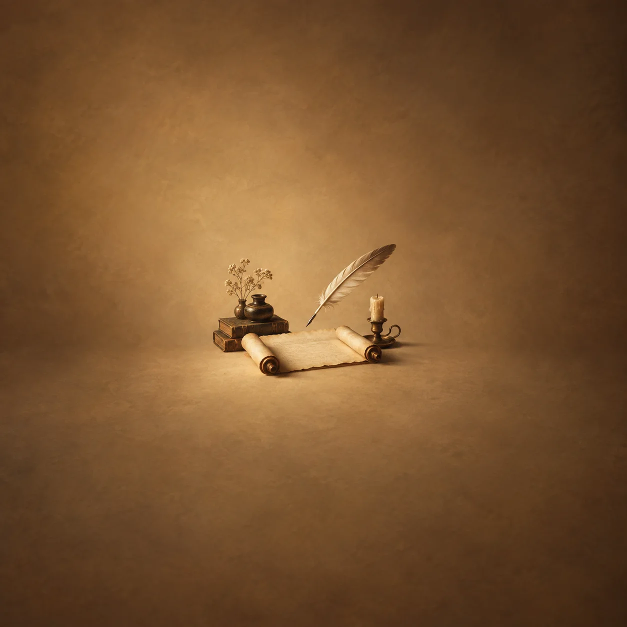 A feather quill hovers over a blank unrolled scroll beside books, an inkwell, dried stems and a candle.