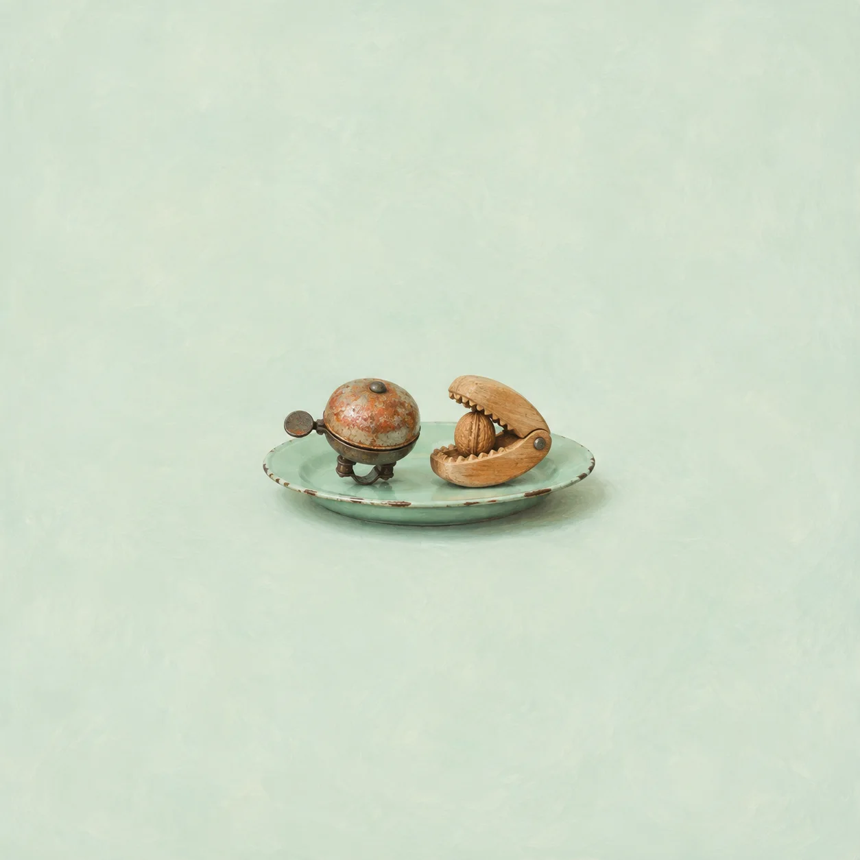A rusty bicycle bell and an open wooden hinged jaw sit on a pale green plate.