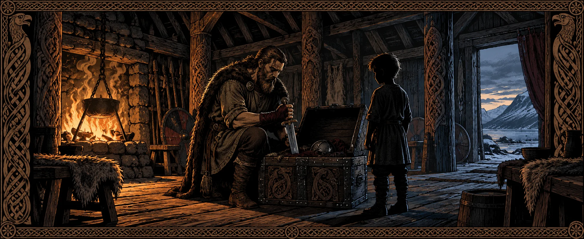 Woodcut-style still: a Viking warrior kneels by an open chest beside a hearth while a small boy watches in the doorway.