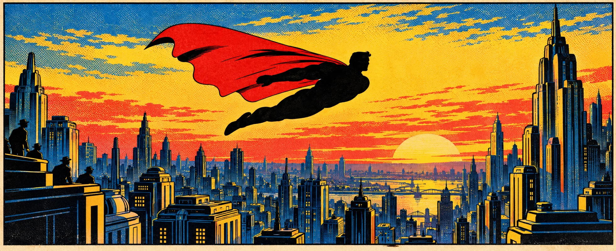 A caped hero soars as a dark silhouette across a red-and-yellow sunset over an art-deco city skyline, in a 1950s comic-strip style.