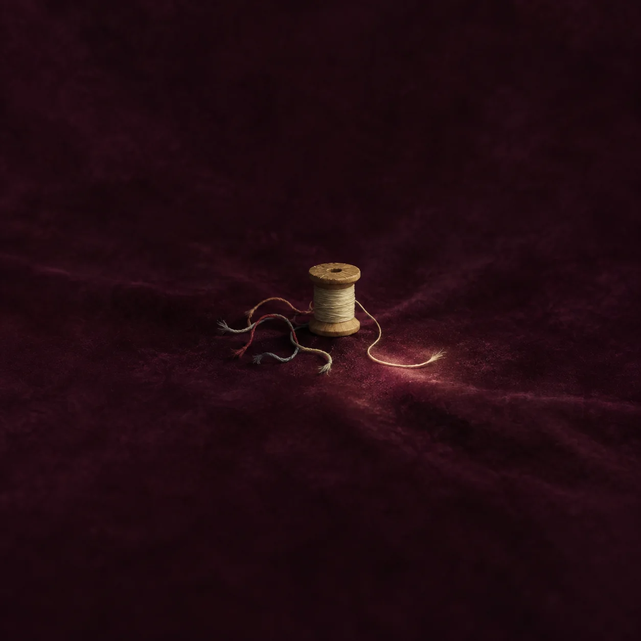 A spool of pale thread sits with loose strands on deep burgundy fabric.