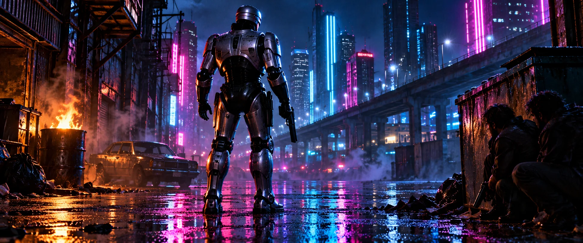 A tall armoured cyborg cop stands with his back to us on a rain-slick neon Detroit street at night.