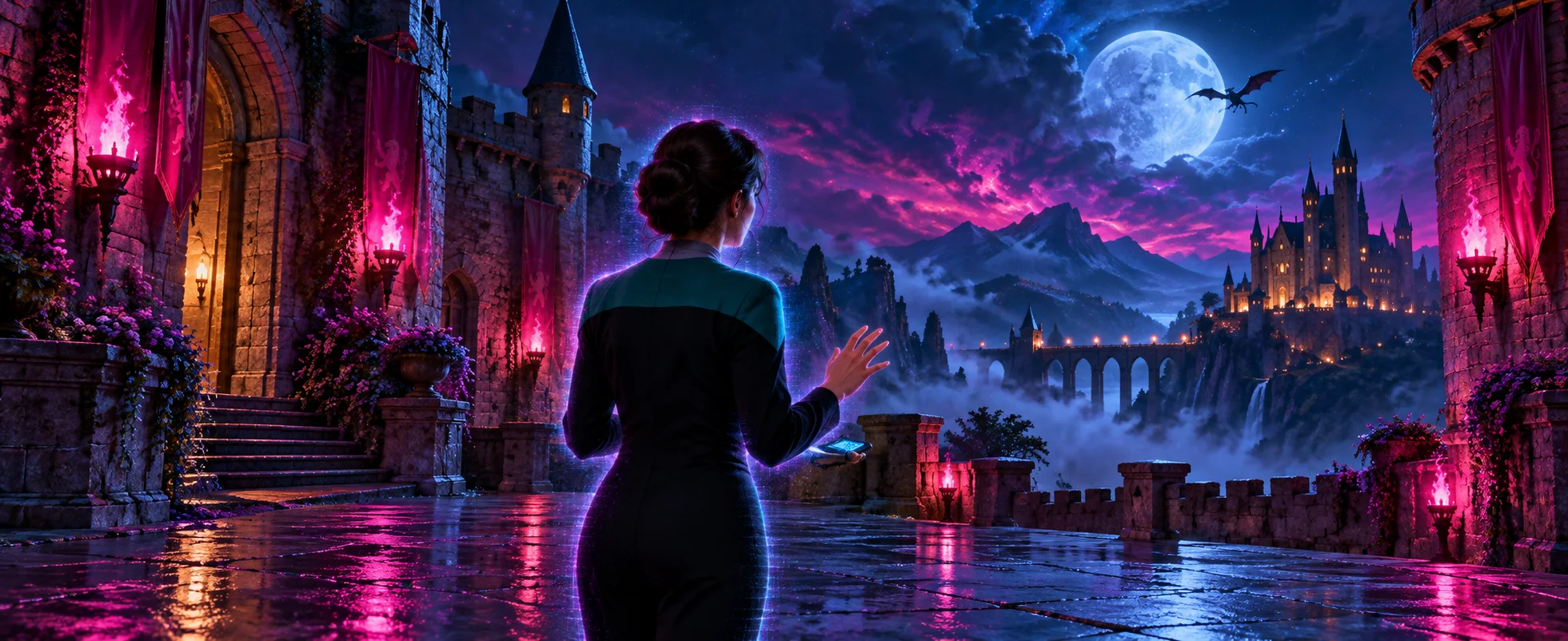 A woman in a starship uniform stands in a neon-lit holodeck castle courtyard at night, a dragon silhouetted against the moon.