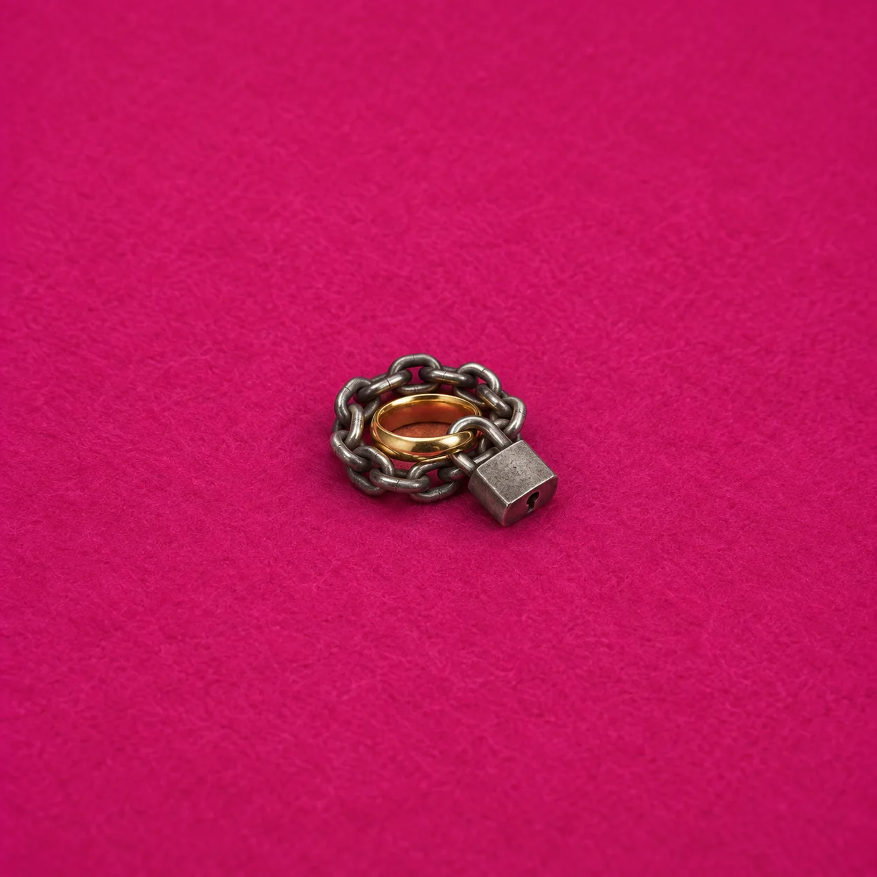 A gold ring encircled by a metal chain and padlock on bright magenta felt.