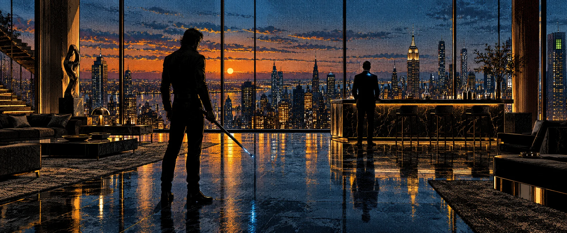Two men face each other across a dark penthouse lounge above the lit Manhattan skyline, one holding a staff.