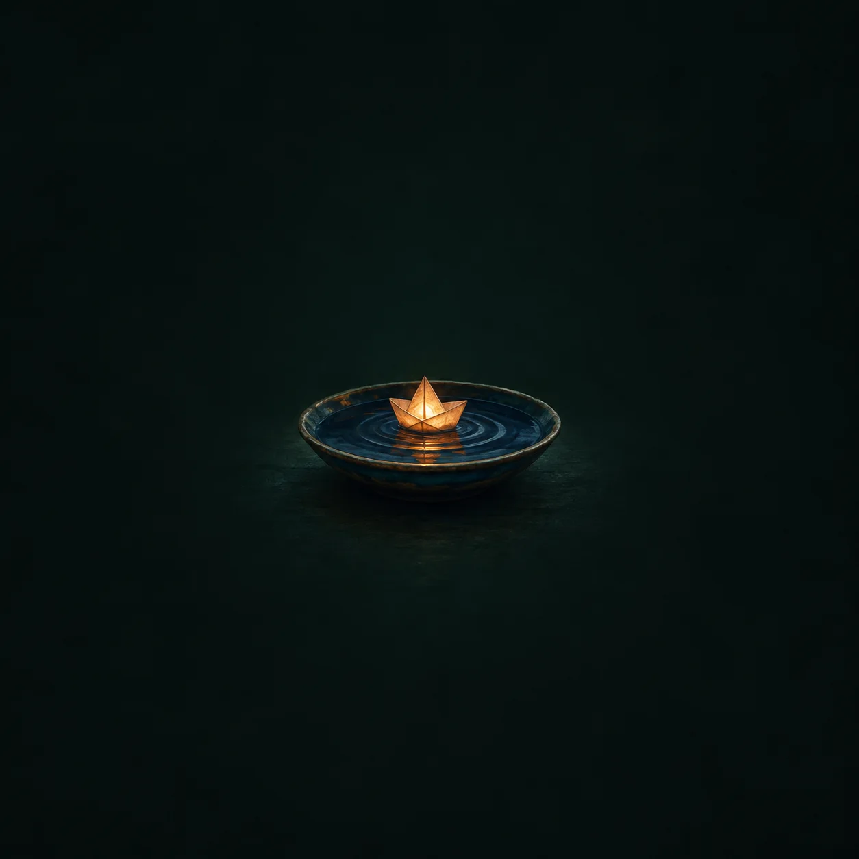 A small glowing amber paper lantern boat on a dish of deep blue water with ripples on a dark green background.
