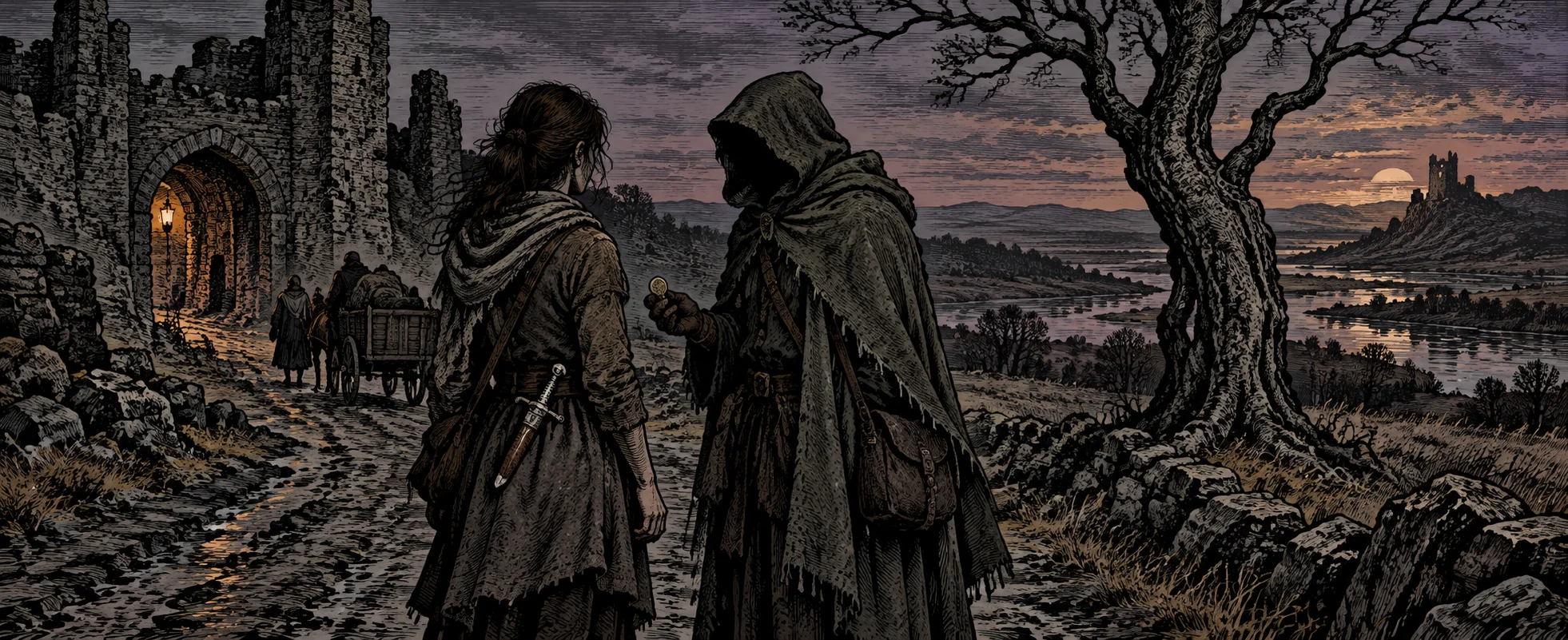 A hooded man and a girl in travel-worn clothes face each other on a dusk road outside a ruined castle, a twisted tree and a distant fortress behind them, in woodcut style.