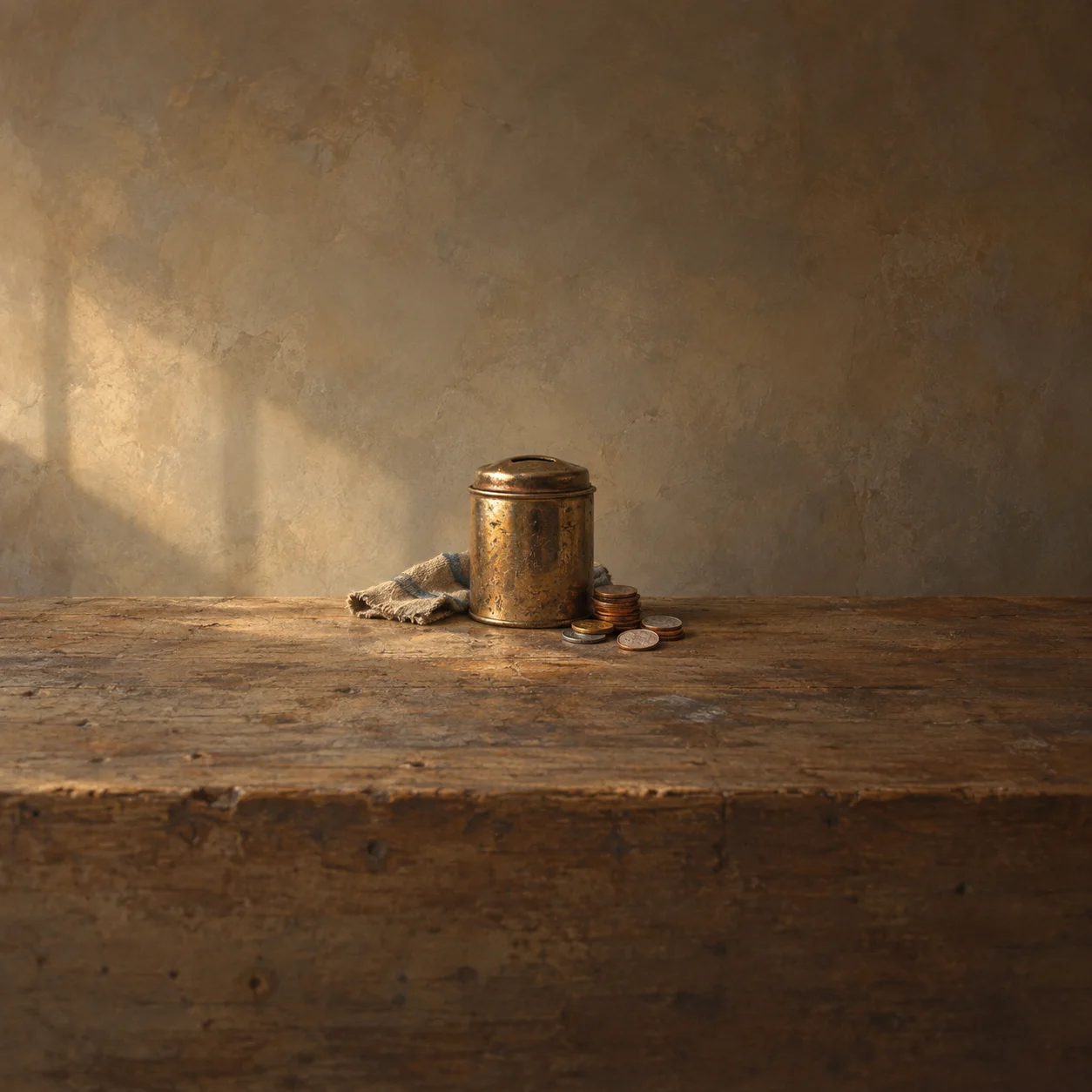 Painterly old metal coin tin with loose coins and a folded cloth on a wooden counter.