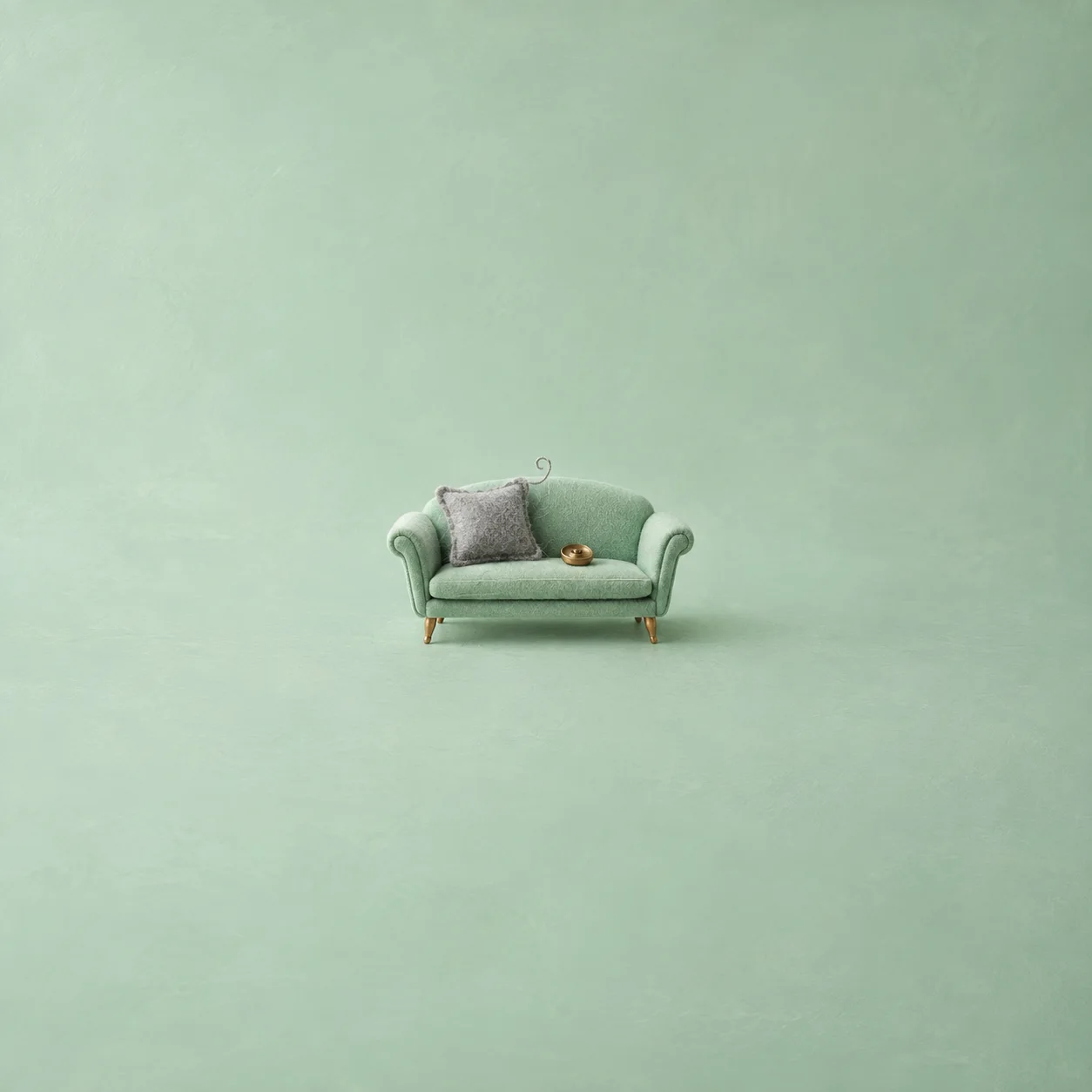 A plain grey cushion and a small gold button on a mint-green sofa.
