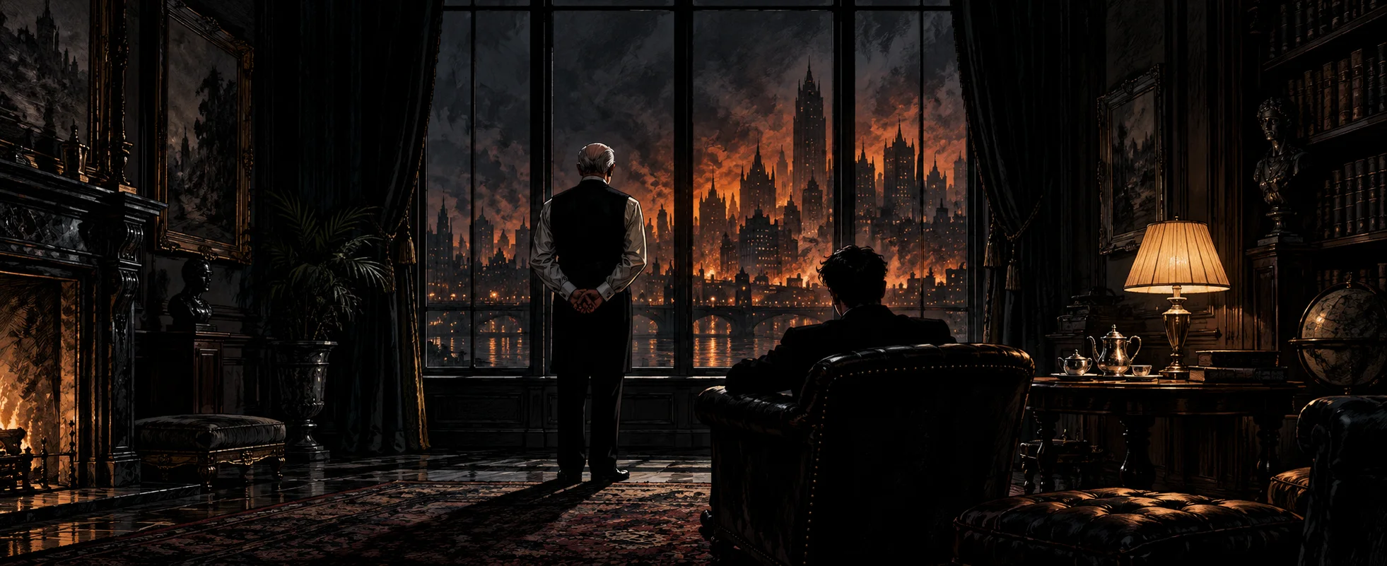 A butler stands at a tall window in a dark study while a city burns orange on the skyline and a man sits in an armchair.