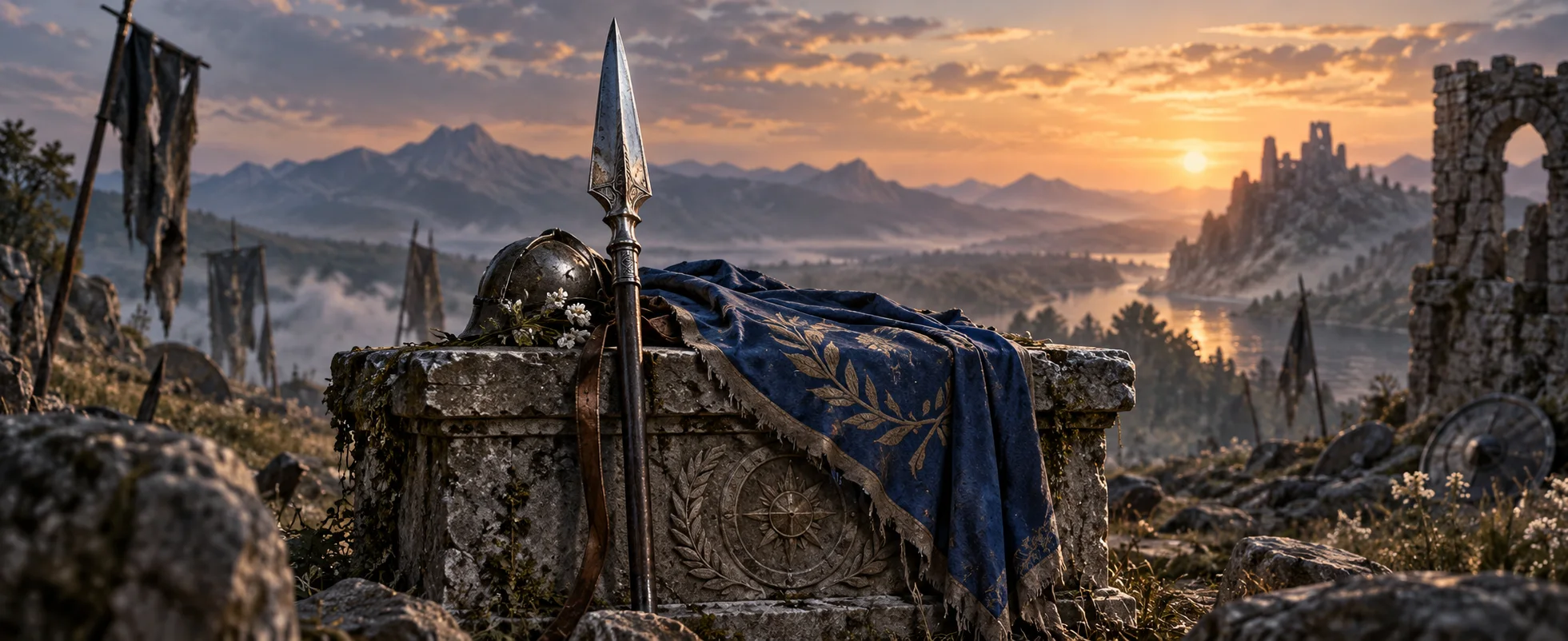 A polished silver lance tip stands beside a folded blue banner on a weathered battlefield altar.