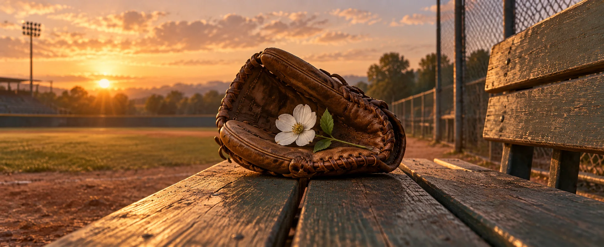 A worn baseball glove holds a single white flower on a sunlit stadium bench.