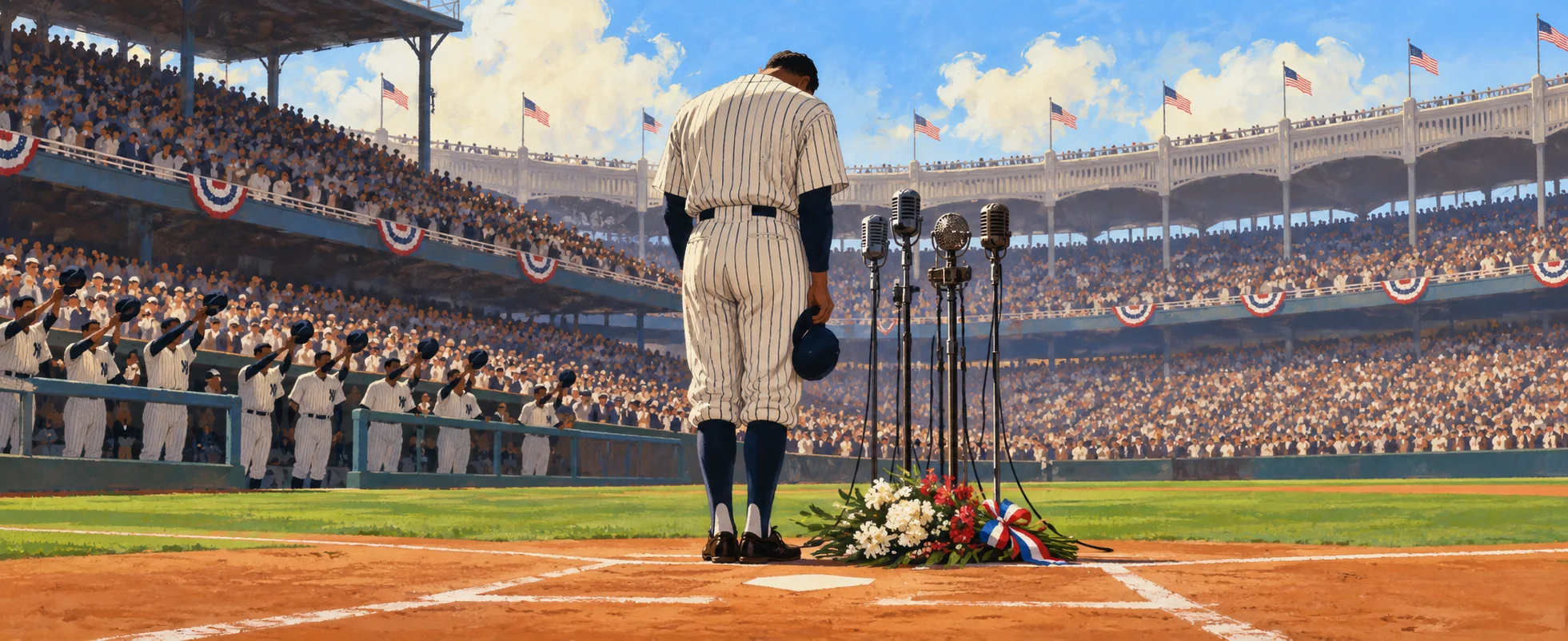 A ballplayer in a pinstriped uniform stands with his cap in hand at a cluster of old microphones at home plate before a packed stadium.