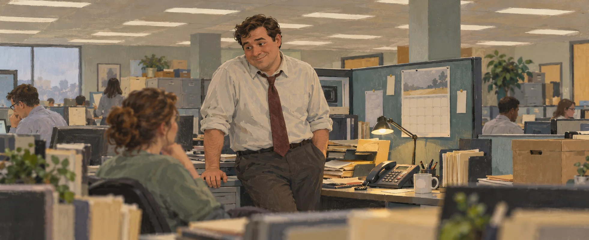 A grinning man in a tie leans on a cubicle wall in a busy office.