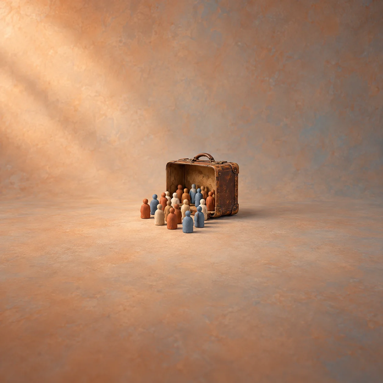 Small clay figures in varied colours stand in front of an open brown suitcase on warm peach ground.