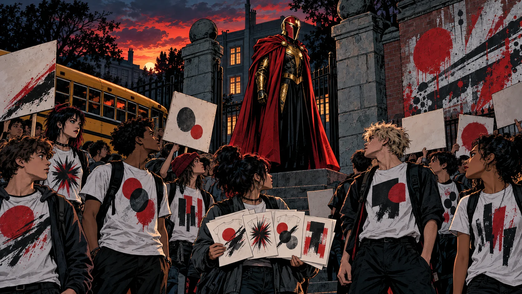 Teenagers in hand-painted protest T-shirts gather at a school gate at dusk as a figure in a red-and-gold helmet and cape looks on from the steps.
