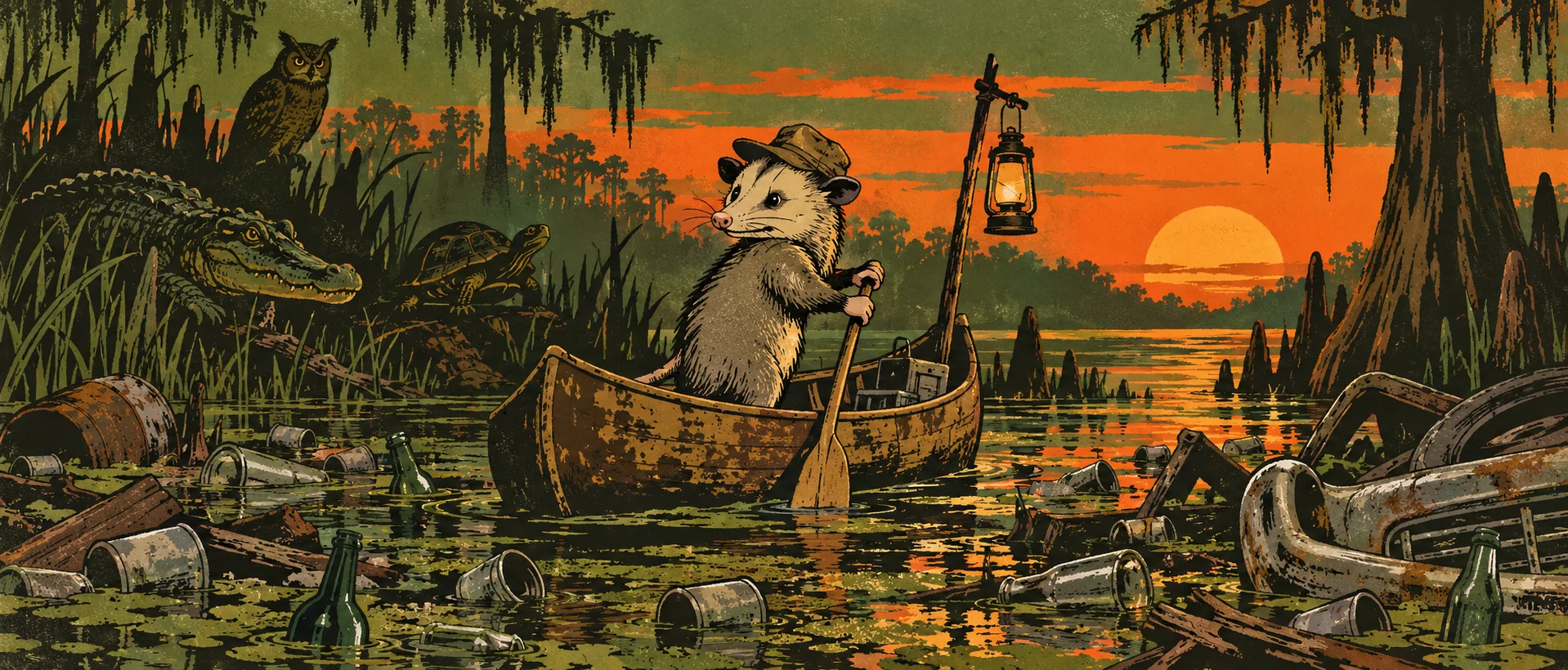 A possum in a hat paddles a small boat through a swamp littered with bottles and cans at sunset.
