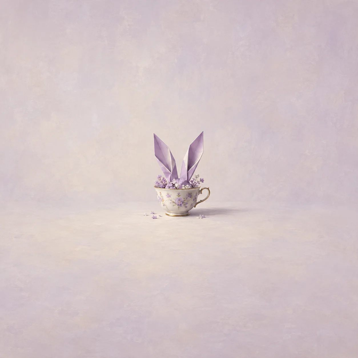 A small porcelain teacup with folded lilac paper ears rising from it on a pale background.