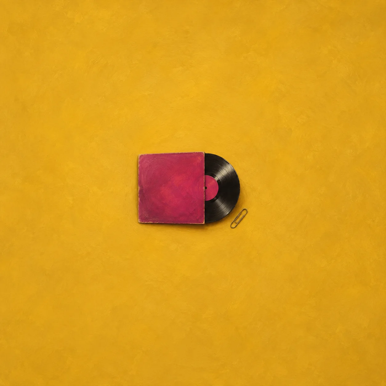 A black vinyl record partly pulled out of a plain magenta sleeve, with a brass paperclip, on a yellow background.