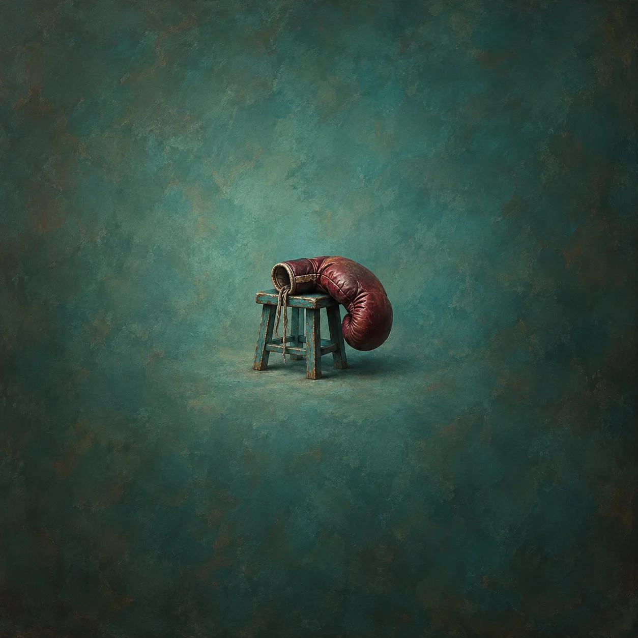 Worn maroon boxing glove draped over a small turquoise stool