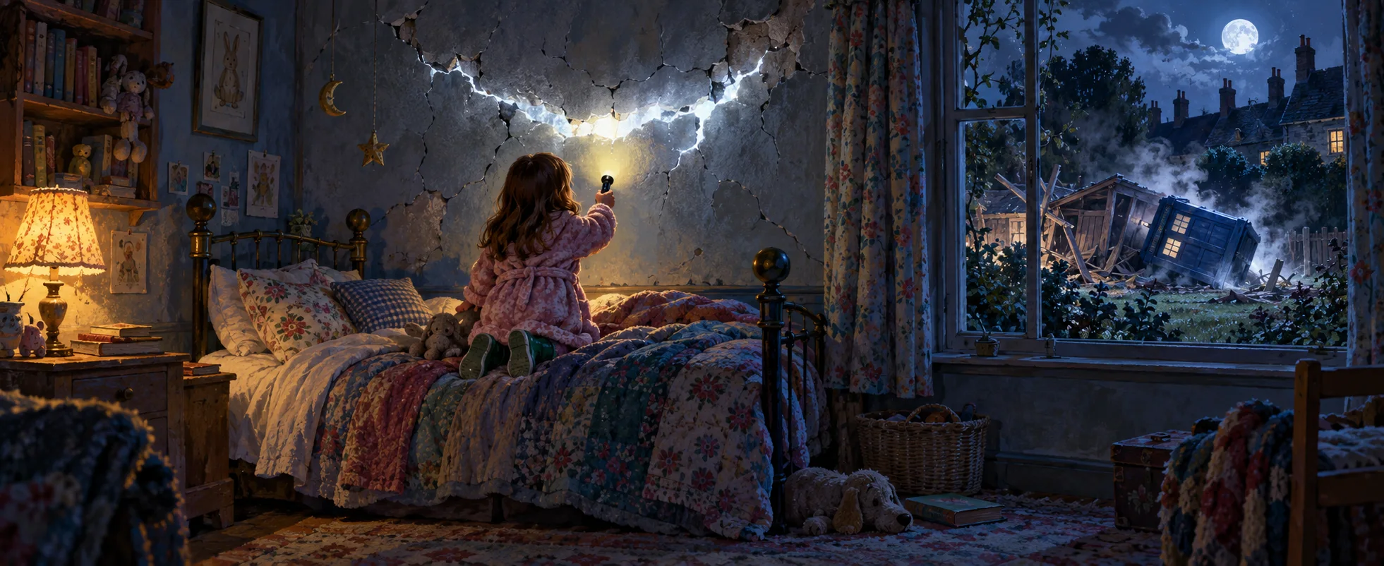 Illustration of a little girl kneeling on her bed at night shining a torch at a glowing crack in her bedroom wall, a blue police box crashed in the garden outside.