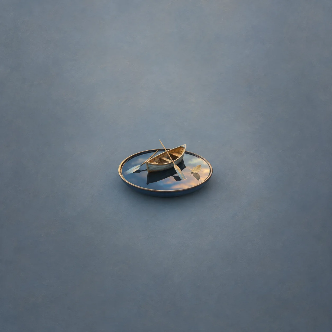 A small wooden rowboat with oars on a round blue reflective dish against a muted blue background.