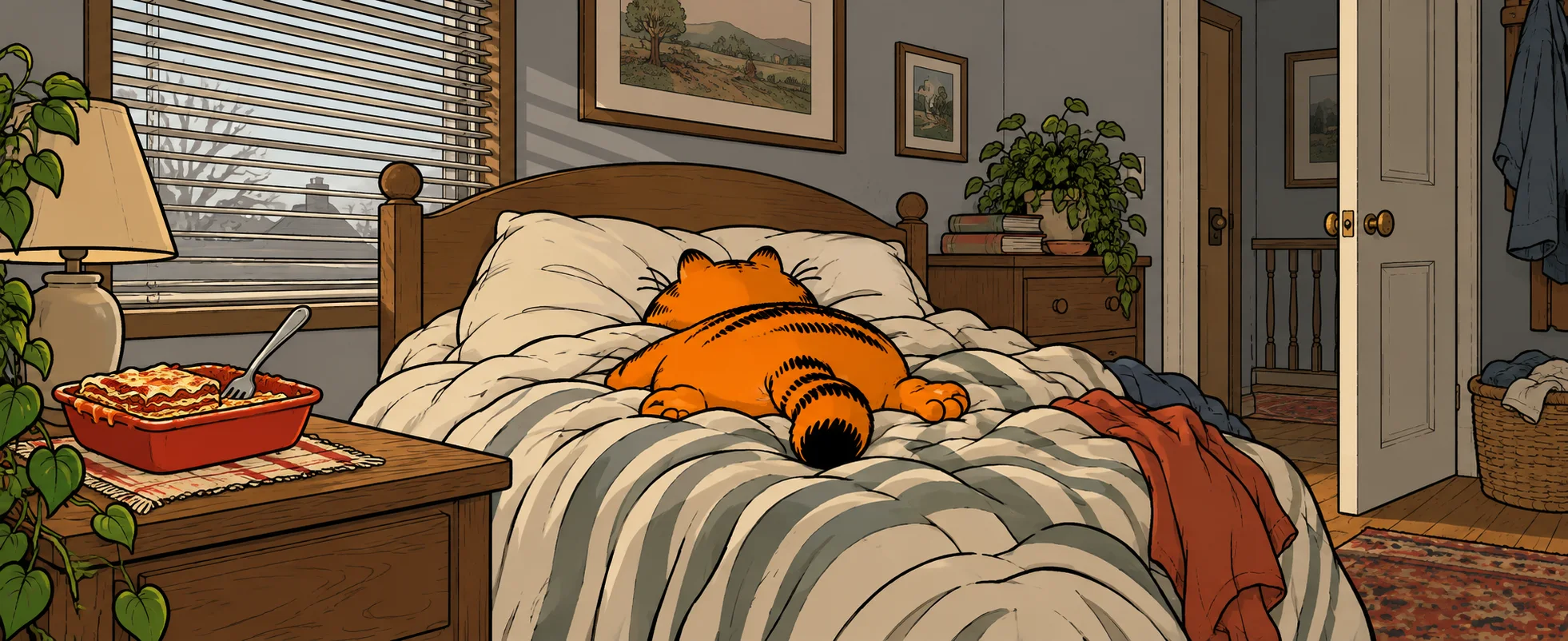 An orange cat sprawls face-down on an unmade bed in a messy morning bedroom, a dish of lasagne on the nightstand.