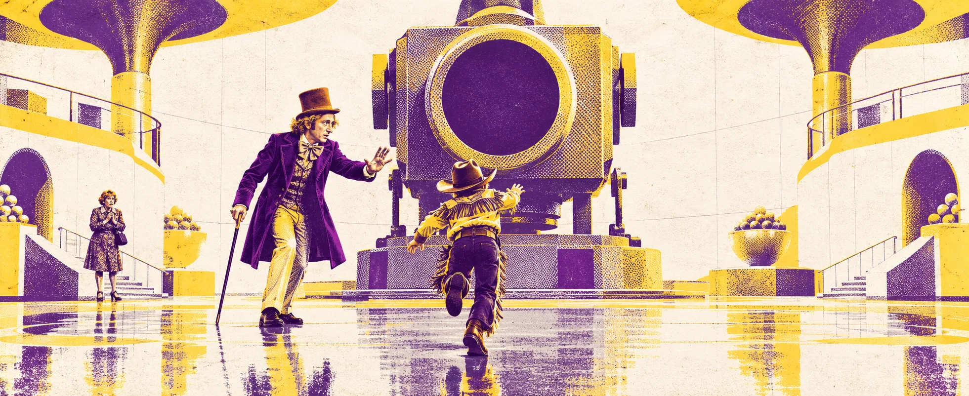 Purple-and-yellow screen print of the white Wonkavision room: a boy in a cowboy outfit runs for the giant camera as Willy Wonka turns, one hand out, calling him back.