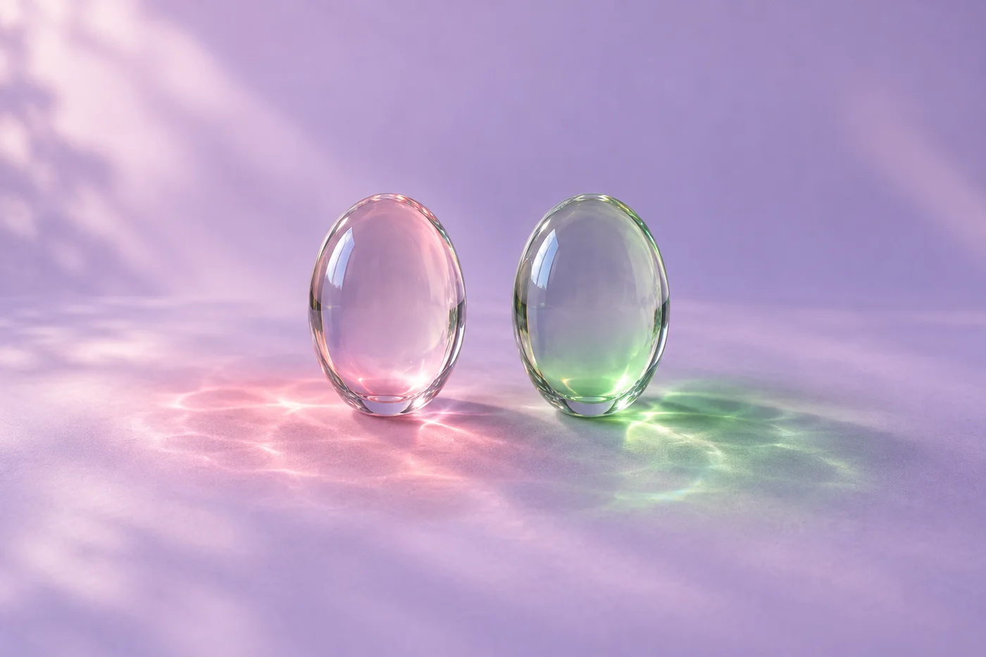Two clear oval glass forms cast pink and green light on a lilac surface.