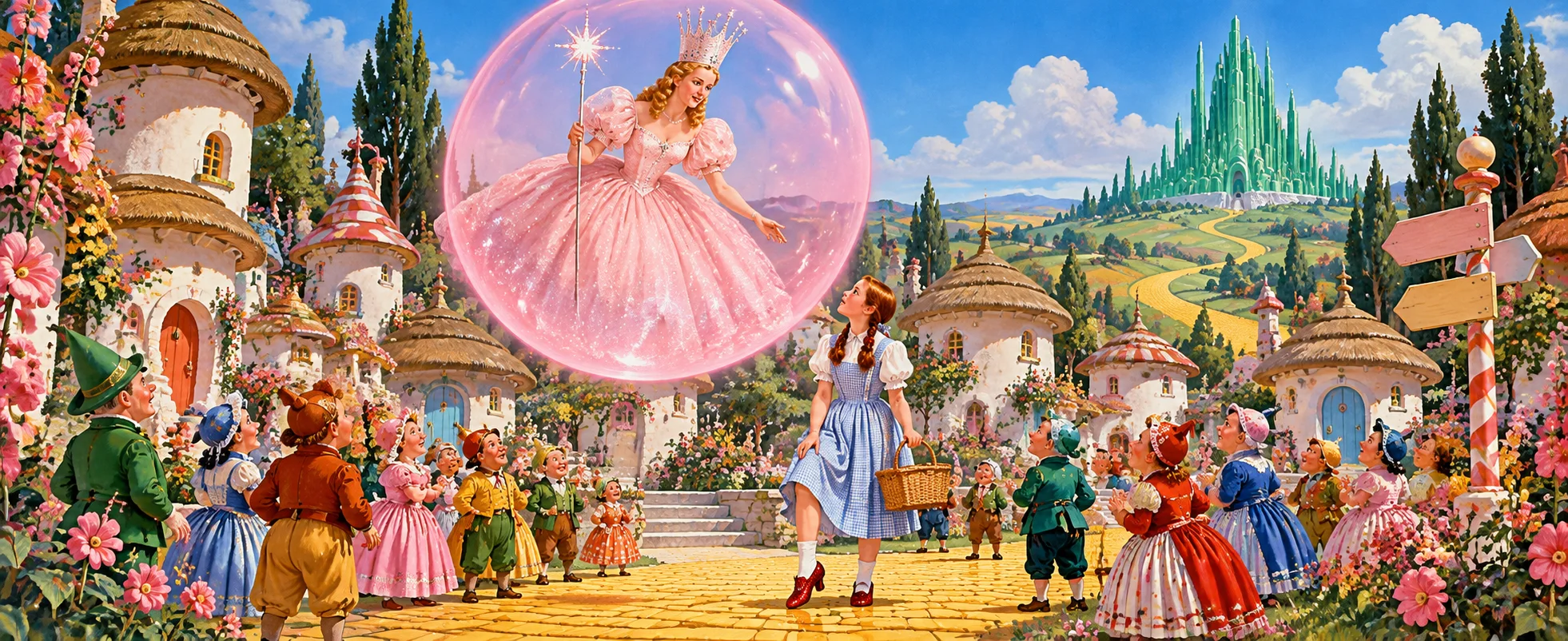 A good witch in a shimmering pink bubble floats over a crowd of tiny villagers in a storybook land as a girl in gingham looks up.