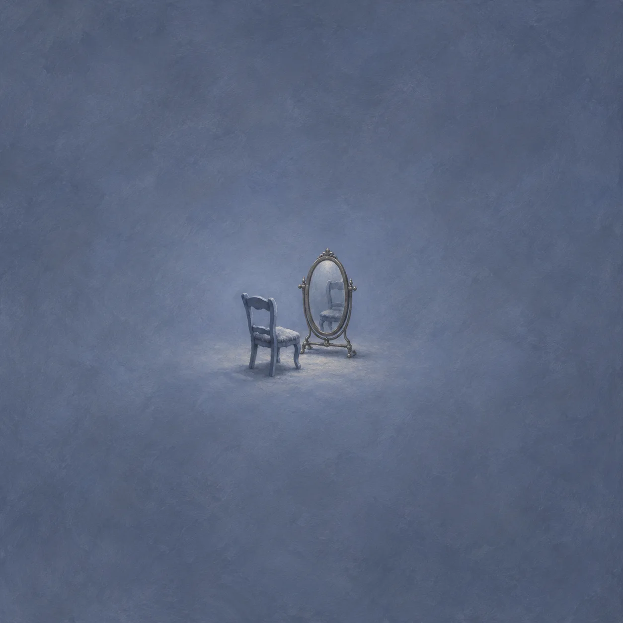 Small empty slate chair facing a standing oval mirror