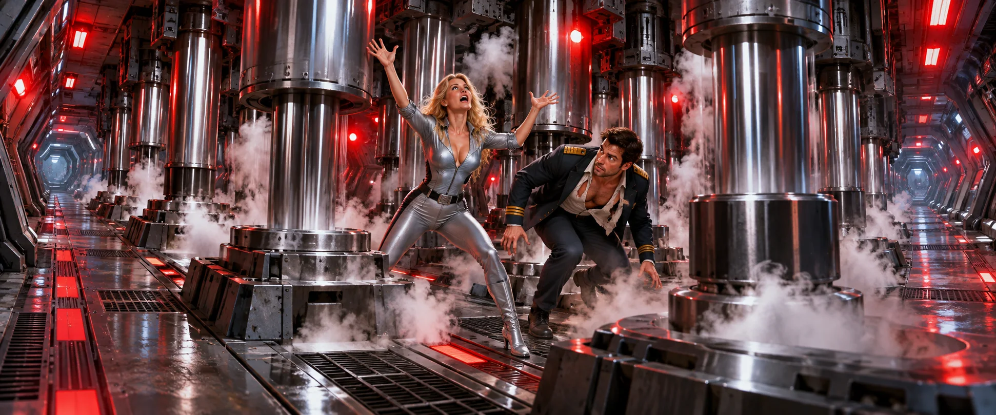 A blonde woman in a silver uniform throws up her arms beside a corridor of huge crushing pistons, a captain crouched beside her.