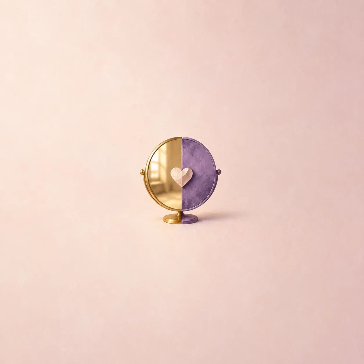 A round mirror divided into gold and violet halves with a small paper heart at its center.