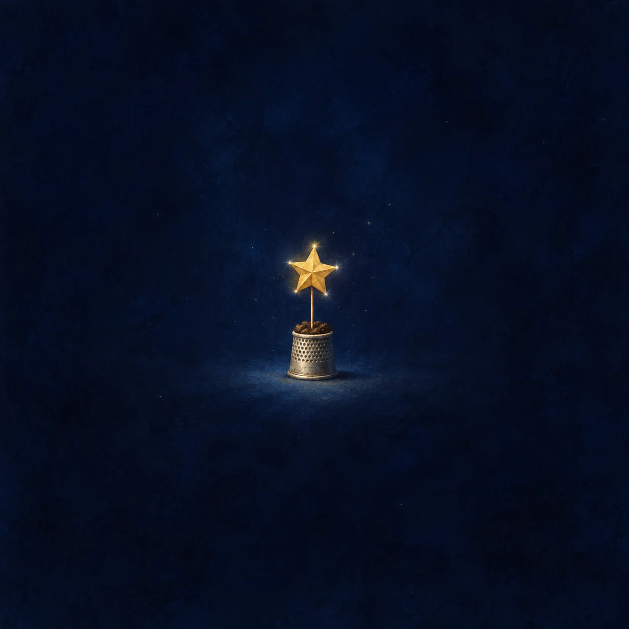A small golden star on a stem planted in a metal thimble of soil against a midnight-blue background.