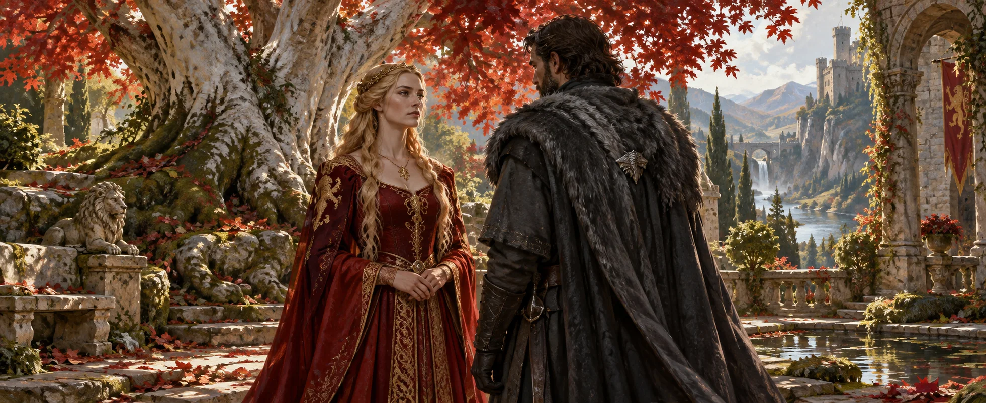 A blonde queen in a crimson-and-gold gown faces a bearded lord in a grey fur cloak beneath a red-leaved tree in a sunlit castle garden.
