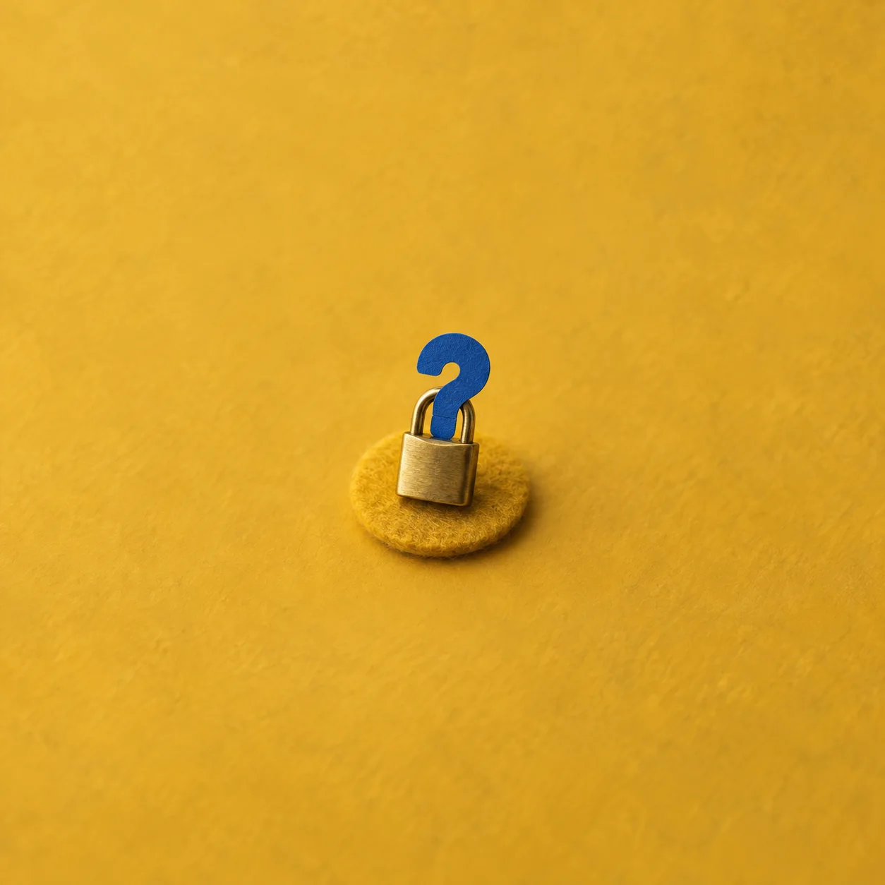 A brass padlock closes around a blue question-mark shape on a yellow felt disc.