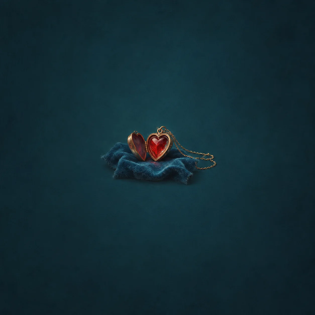 An open heart-shaped locket with a red heart inside rests on blue velvet beside its gold chain.