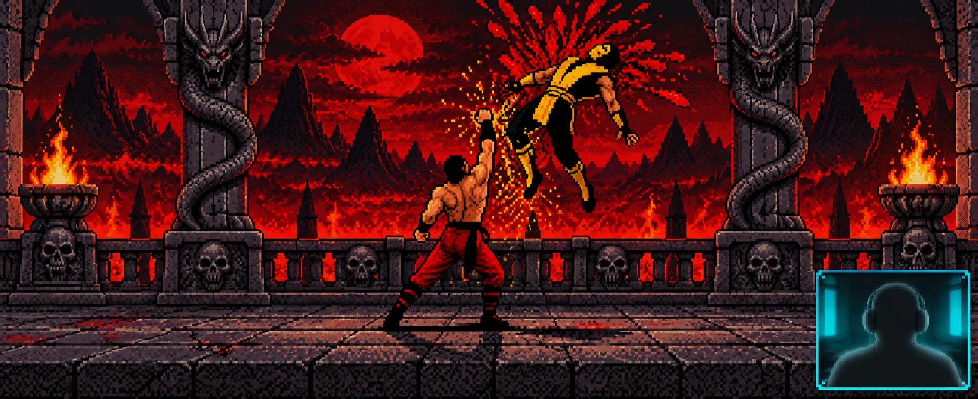 Pixel-art arena: a shirtless fighter in red trousers launches a yellow ninja skyward with an uppercut in a red skull-lined temple, a small silhouette in headphones popping up in a corner window.