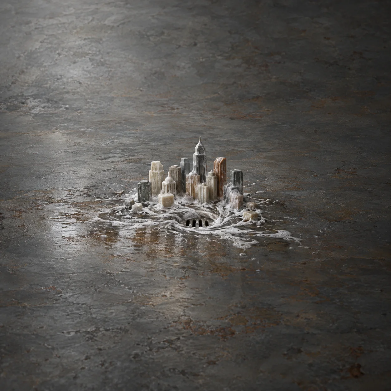 A tiny pale city of towers dissolves into white foam around a drain grate on a dark grey surface.