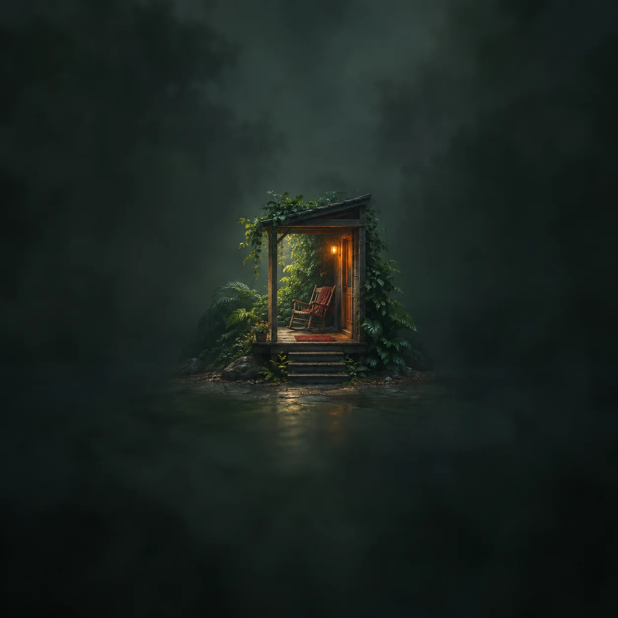 A small wooden porch with a rocking chair and a glowing ember-red doormat stands before lush green leaves in misty darkness.