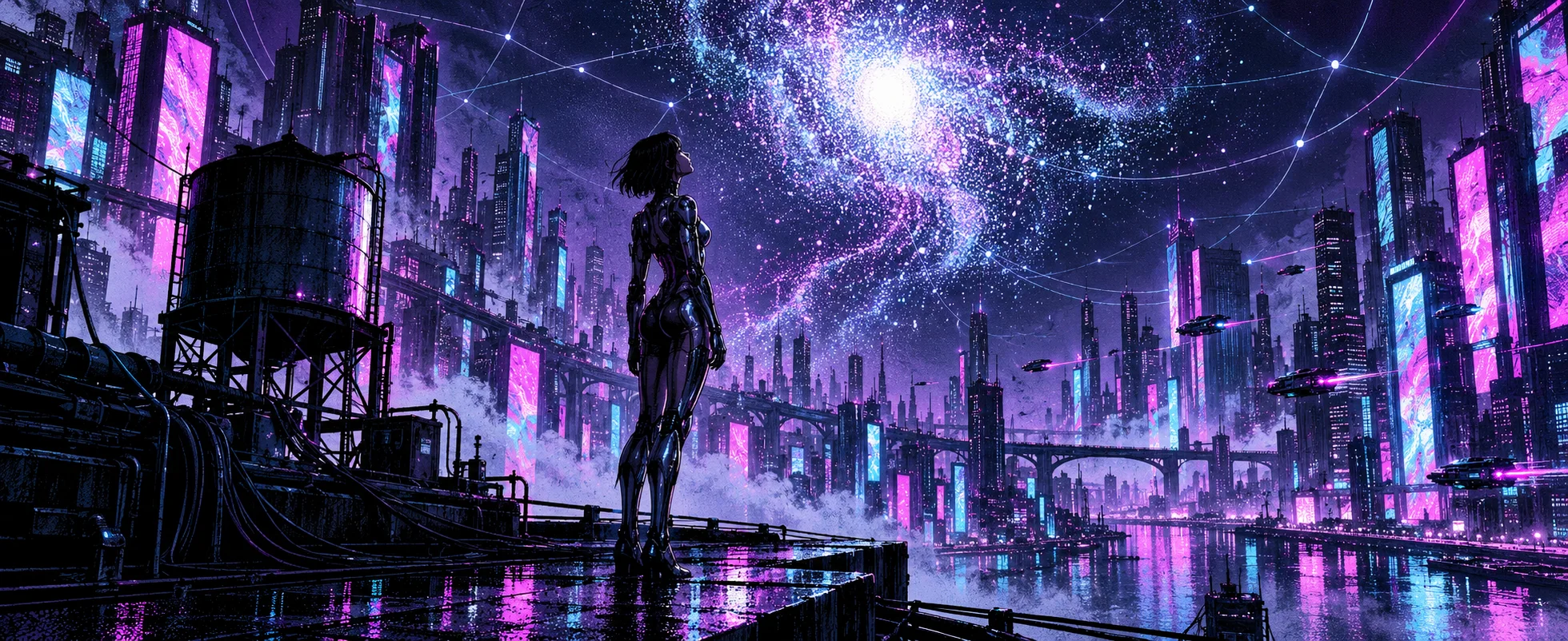 A slim cyborg figure stands on a dark ledge before a neon city under a vast swirl of stars.
